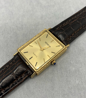 14K Yellow Gold Beautiful Geneva Quartz Wrist Watch Leather Band