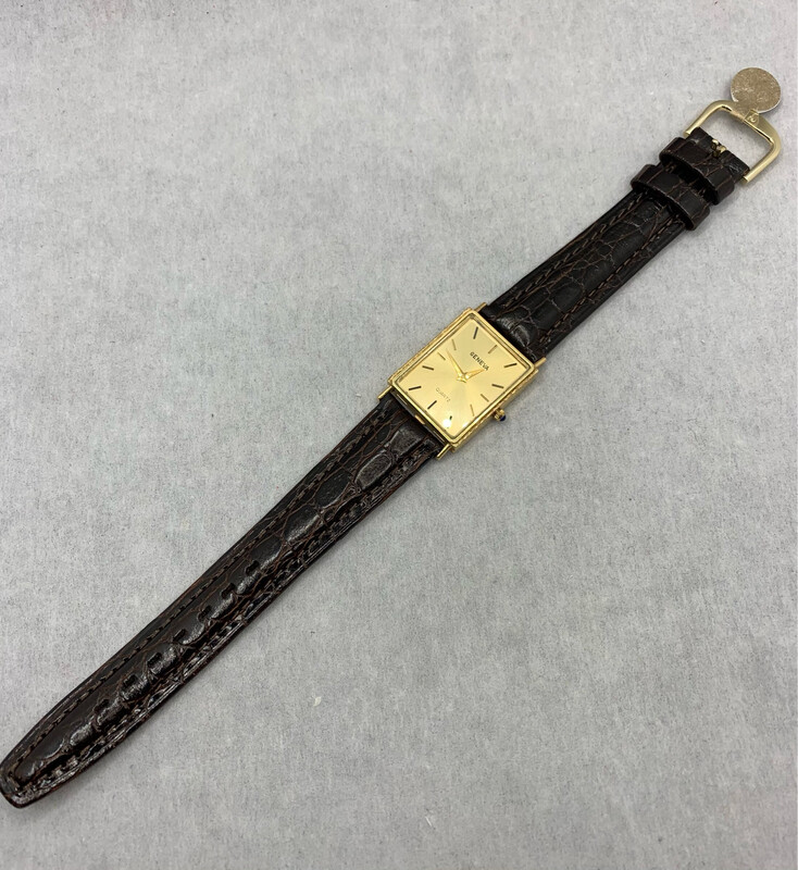 14K Yellow Gold Beautiful Geneva Quartz Wrist Watch Leather Band
