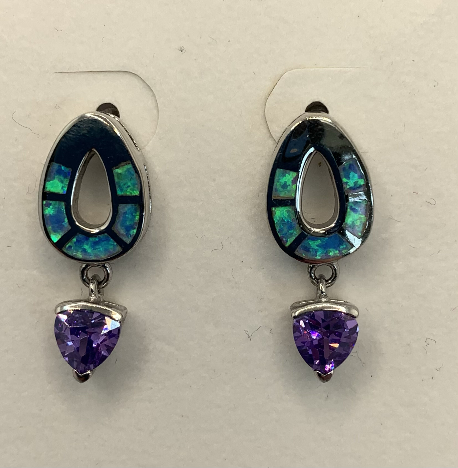 Sterling Silver Earrings Mosaic Opal and Dangling Amethyst