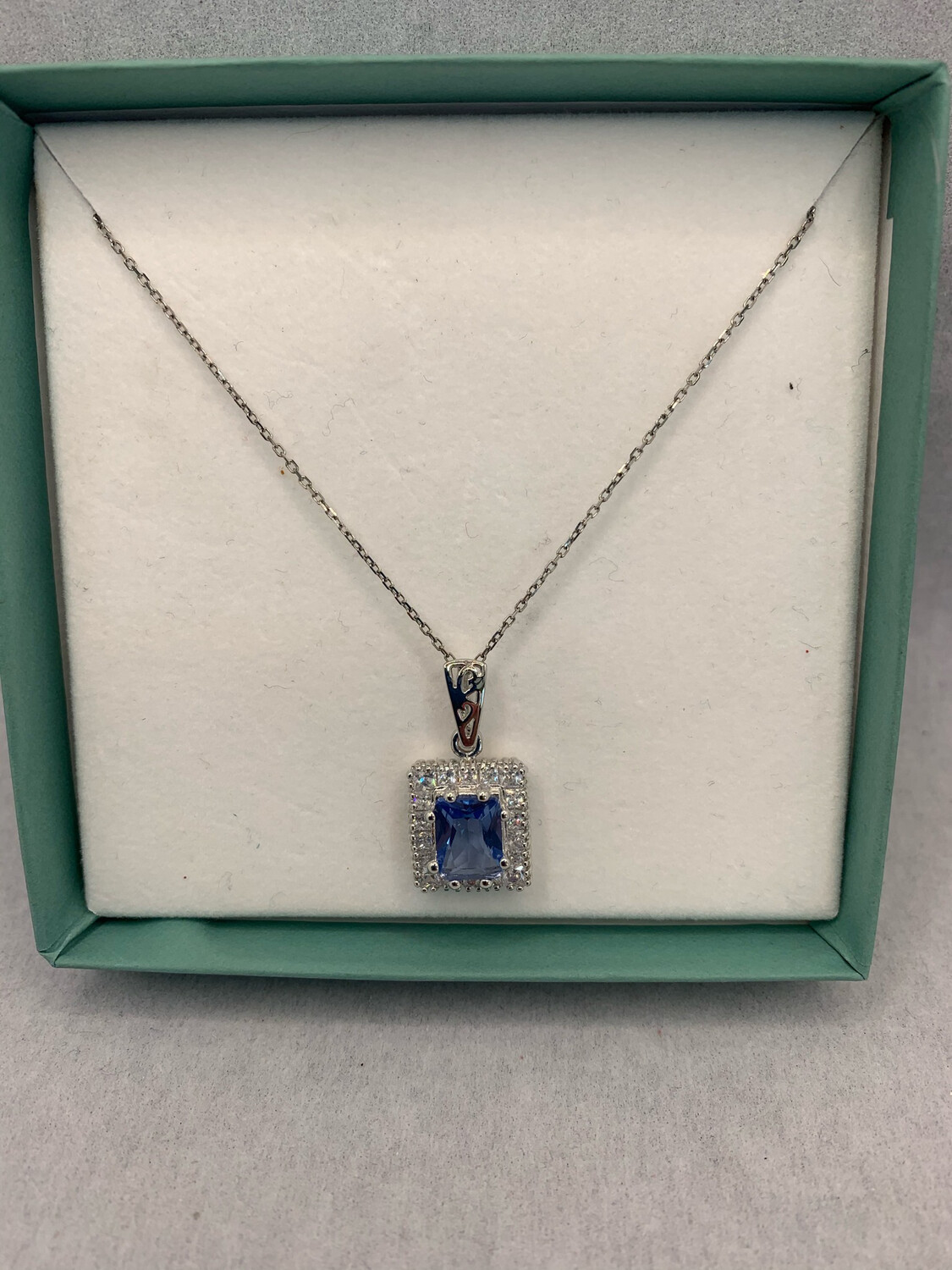 Sterling Silver Necklace Princess Cut Synthetic Blue With CZ Accents