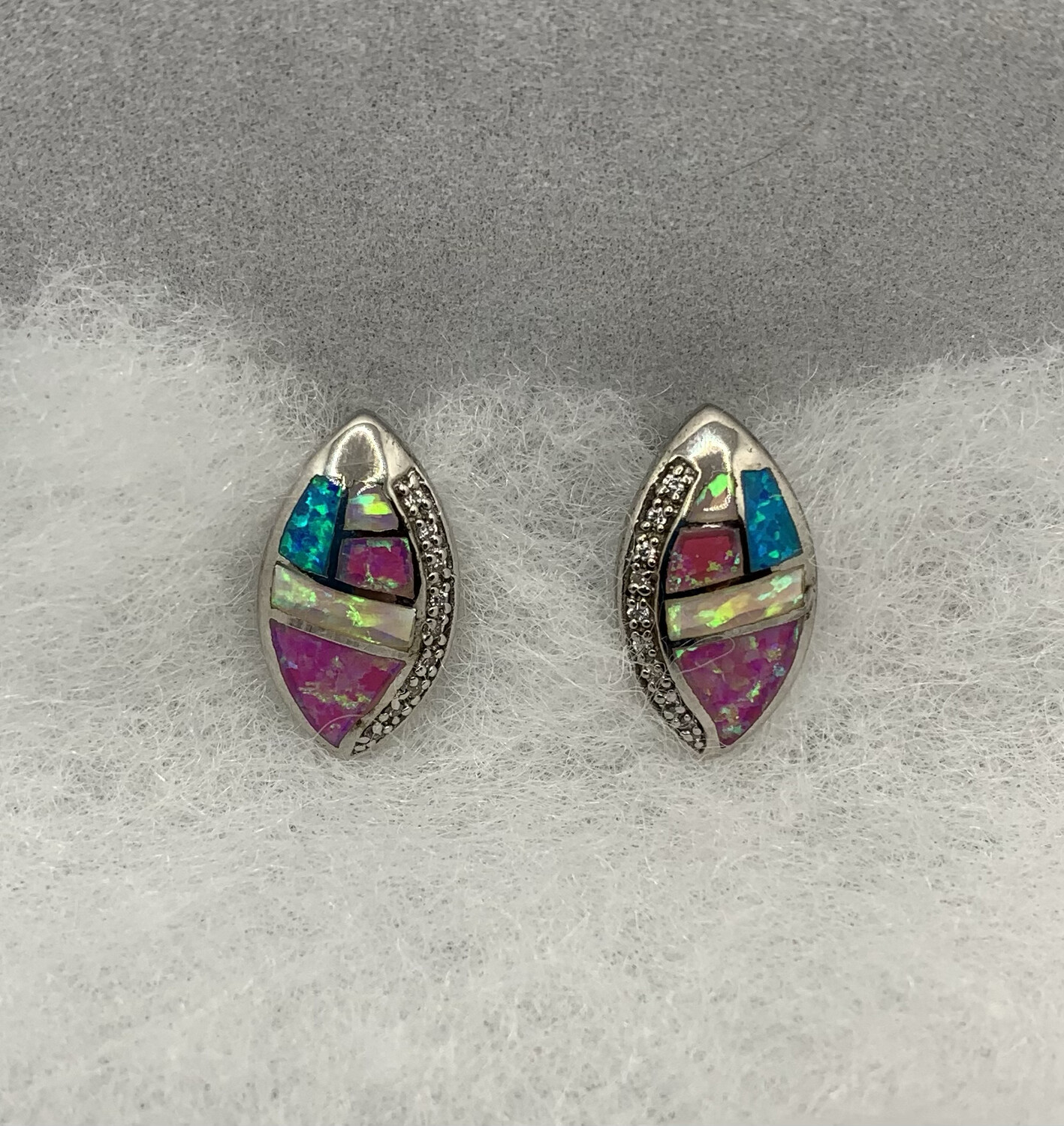 Sterling Silver Earrings Colorful Mosaic Opal With CZ Accents and Lever Backs