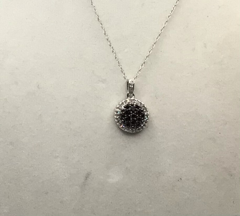 Black Diamond Cluster Necklace with a Round Diamond Halo (tw 50 Pts.) 10kt White Gold Mounting
