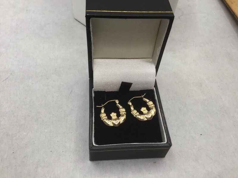 14 KT. Claddagh Hoop Earrings.