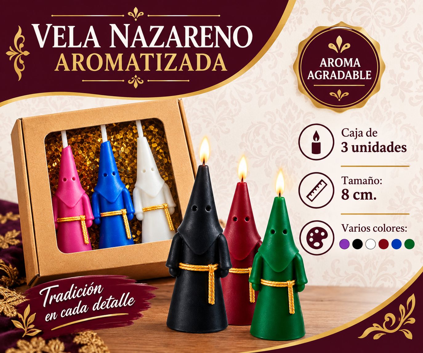Vela Nazareno aromatizada – Set de 3 unidades Vela Nazareno aromatizada – Set de 3 unidades