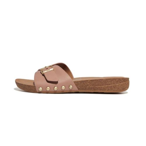 FITFLOP WOMEN&#39;S IQUSHION ADJUSTABLE BUCKLE LEATHER SLIPEERS BEIGE, Size: 6(US)