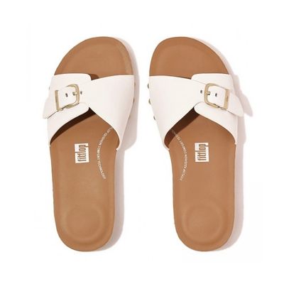 FITFLOP WOMEN'S IQUSHION ADJUSTABLE BUCKLE LEATHER SLIPPERS WHITE