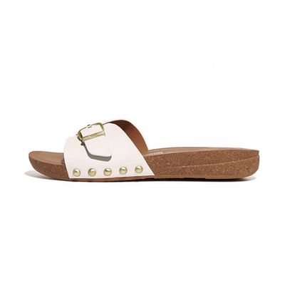 FITFLOP WOMEN&#39;S IQUSHION ADJUSTABLE BUCKLE LEATHER SLIPPERS WHITE