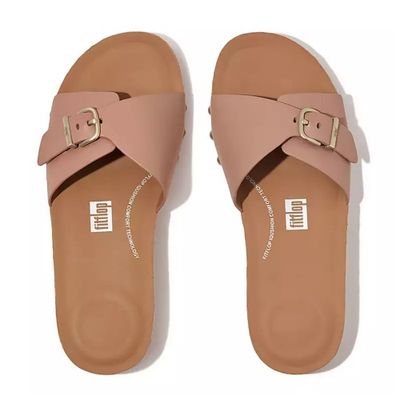 FITFLOP WOMEN'S IQUSHION ADJUSTABLE BUCKLE LEATHER SLIPEERS BEIGE