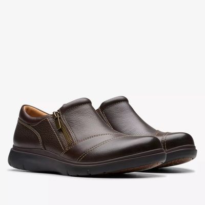CLARKS WOMEN&#39;S CERTINA PURE DARK BROWN LEATHER WIDE CASUAL SHOES