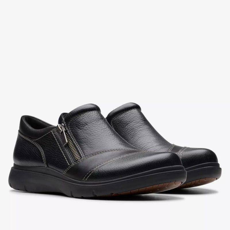 CLARKS WOMEN&#39;S CERTINA PURE BLACK LEATHER WIDE CASUAL SHOES, Size: 5(US)