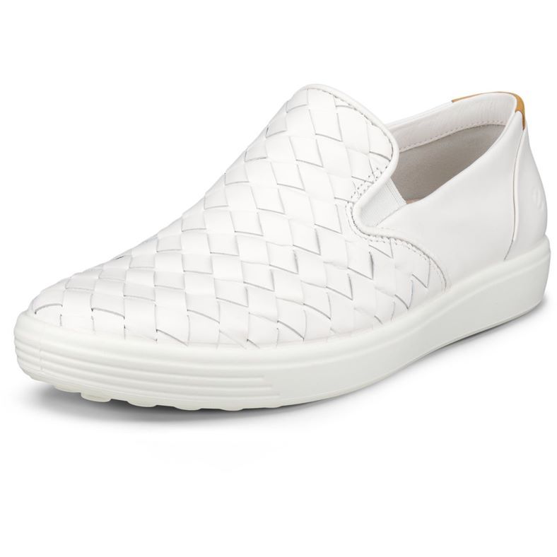 ECCO SOFT 7 WOMEN&#39;S WOVEN LEATHER SLIP-ON WHITE