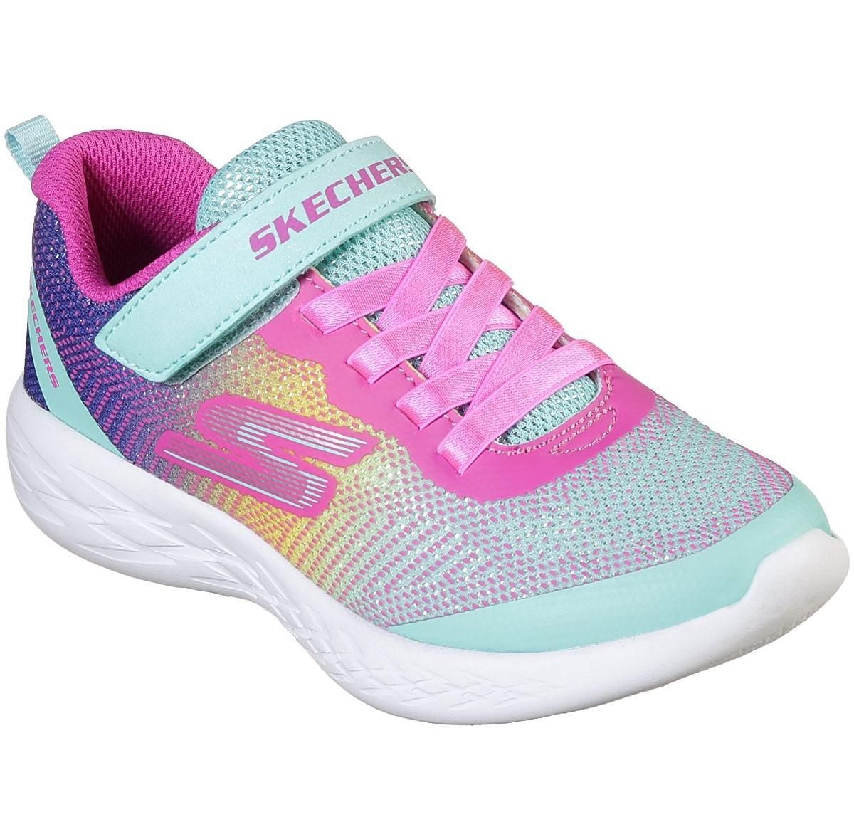 SKECHERS GIRL&#39;S GO RUN DAZZLE STRIDES TURQOUISE CASUAL SHOE, Size: 5 Kid(US)