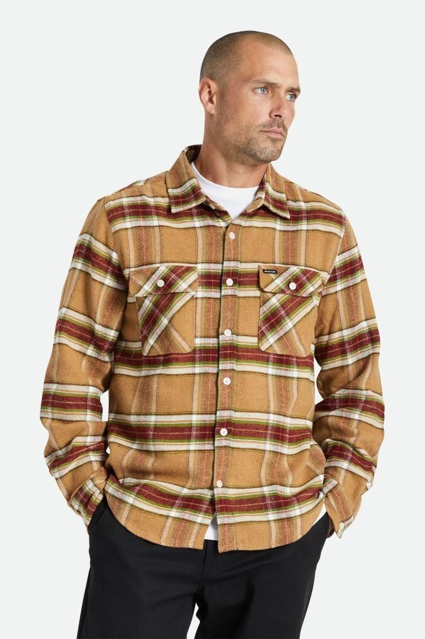 Brixton Men&#39;s Bowery LS  Flannel- Lt Brown Burnt Henna