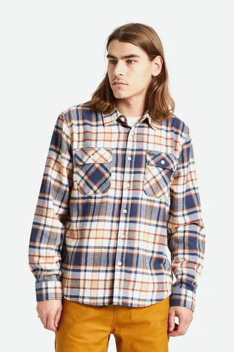 Brixton Men&#39;s Bowery LS  Flannel- Washed Navy/Barn Red