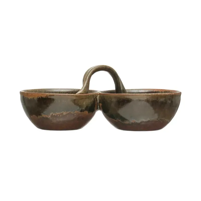 DF7307 Stoneware Dish with 2 Sections &amp; Handle, Brown