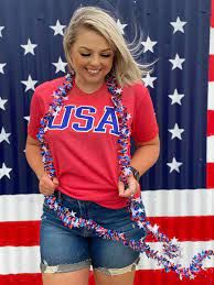 USA Tee with Stars in Blue Glitter-Red, Size: S