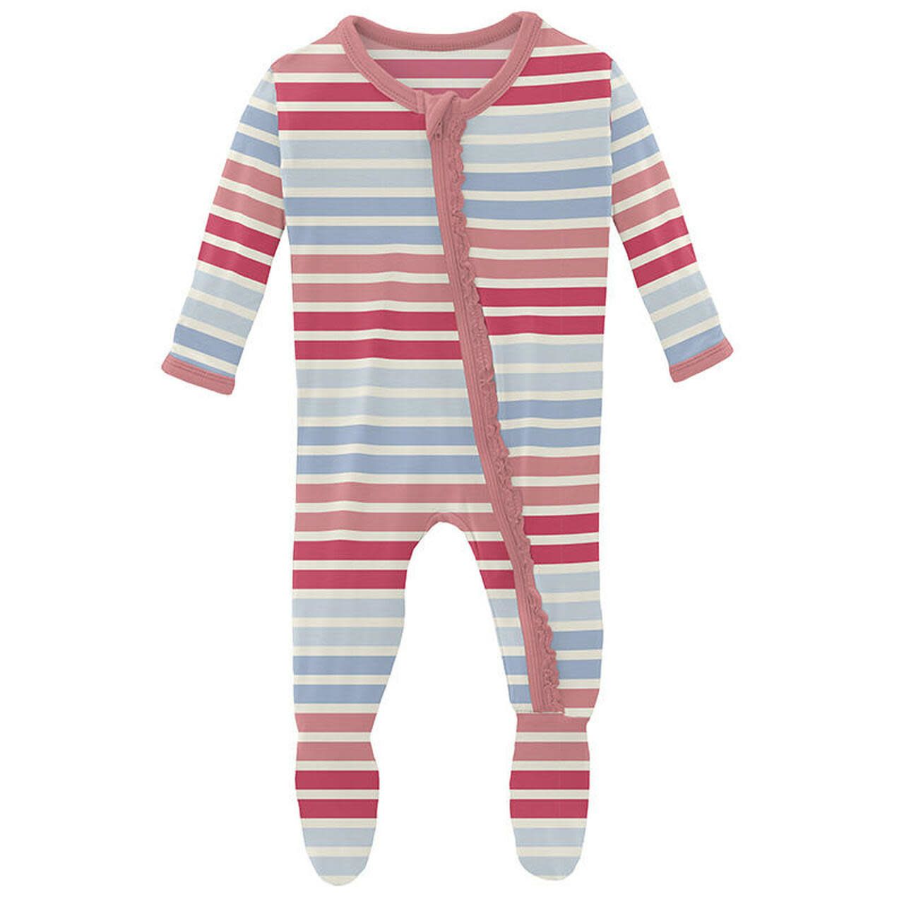 A95 Print Muffin Ruffle Footie w/ Zipper - Cotton Candy Stripe