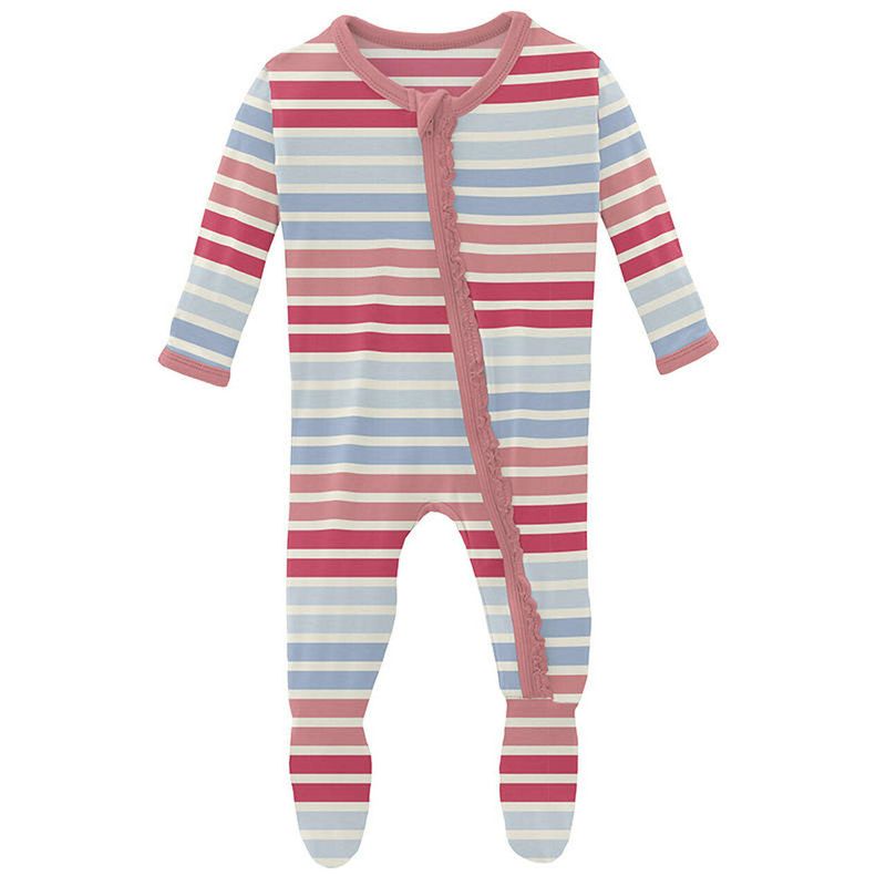 A95 Print Muffin Ruffle Footie w/ Zipper - Cotton Candy Stripe