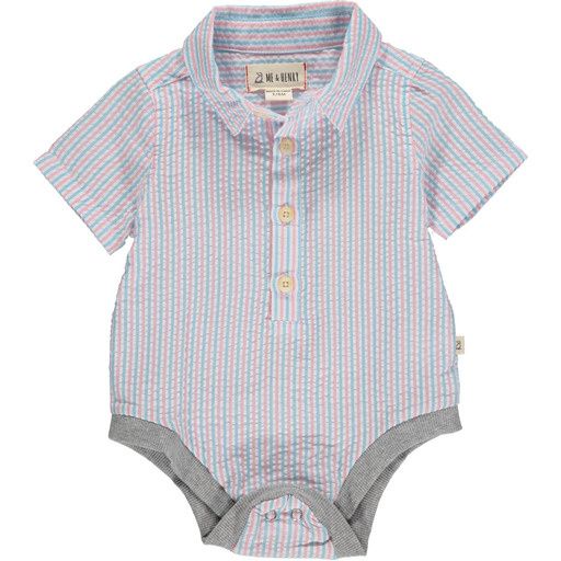 Helford Short Sleeved Onesie - Sky/Pink Seersucker