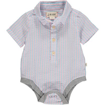 Helford Short Sleeved Onesie - Sky/Pink Seersucker