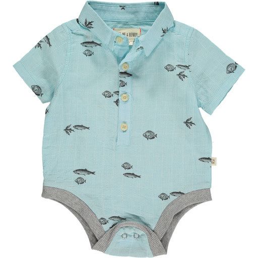 Helford Short Sleeved Onesie - Vintage Fish Print Blue