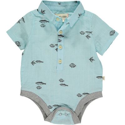 Helford Short Sleeved Onesie - Vintage Fish Print Blue