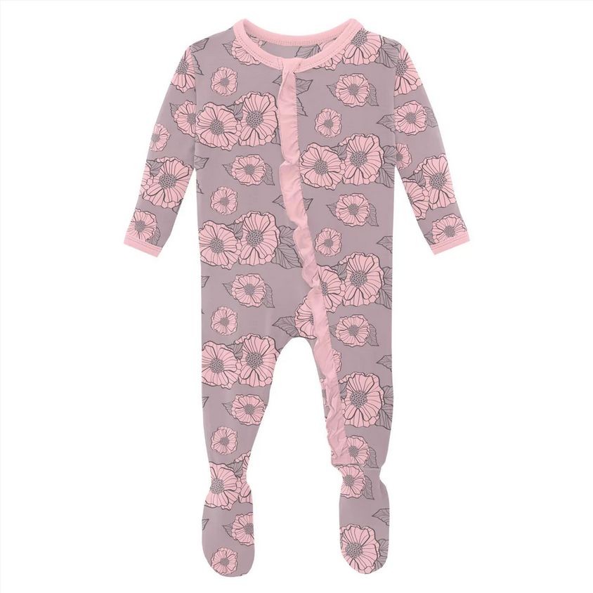 A95 Print Muffin Ruffle Footie w/Zipper ~ Sweet Pea Poppies