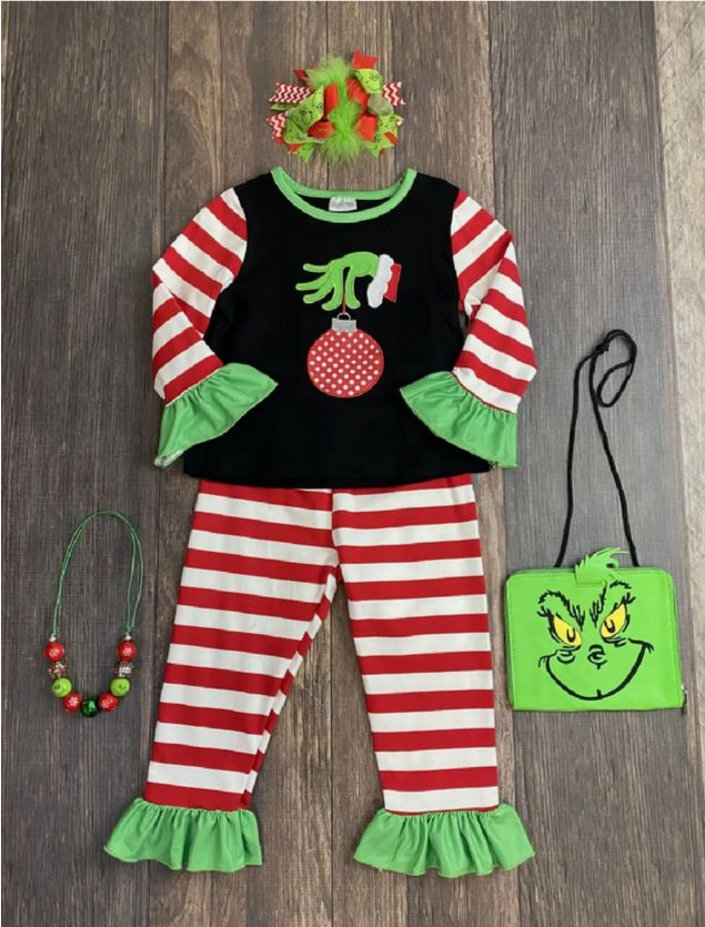 A-95 The Grinch Hand Red &amp; White Stripe W/ Green Ruffle Set