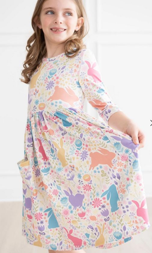 A95 Floral Pastel Bunnies 3/4 Sleeve Pocket Twirl Dress