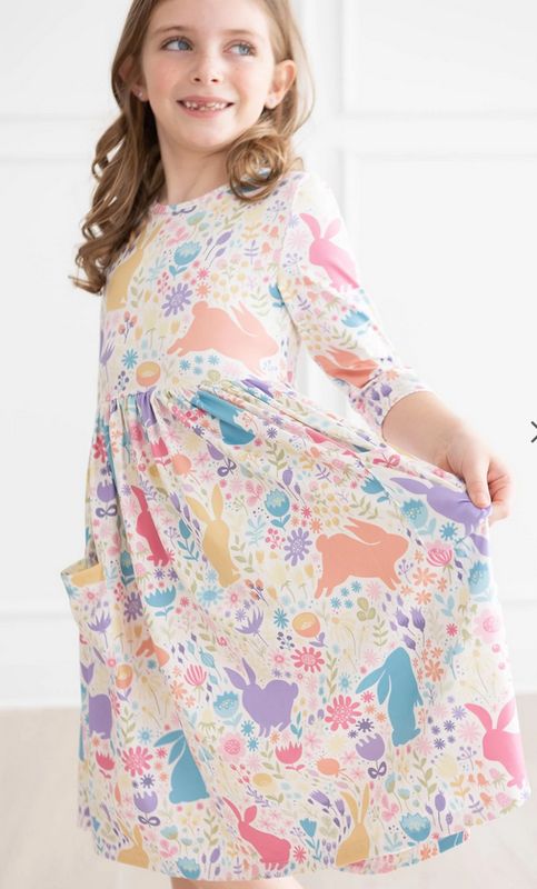 A95 Floral Pastel Bunnies 3/4 Sleeve Pocket Twirl Dress