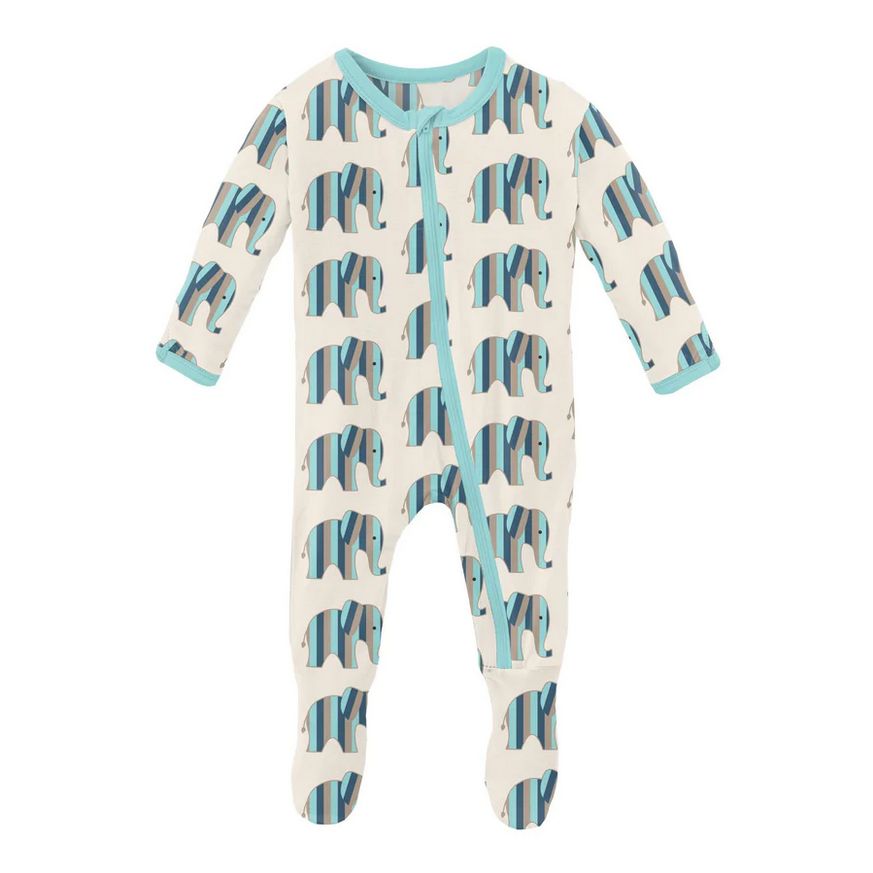 Print Footie with Zipper~Natural Elephant Stripe