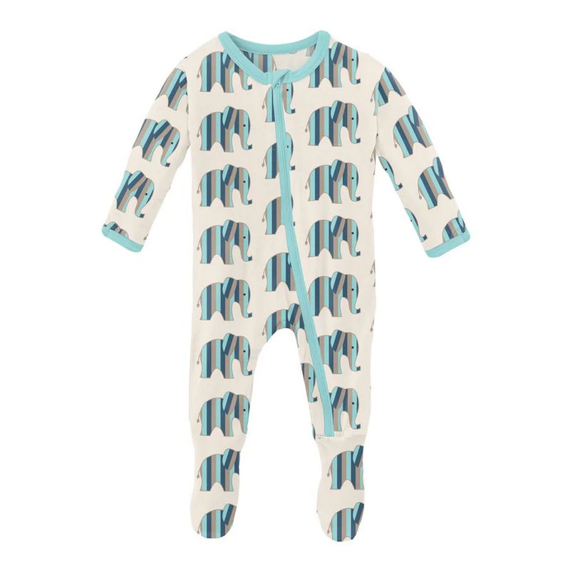 Print Footie with Zipper~Natural Elephant Stripe