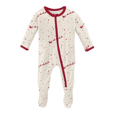 Print Footie with Zipper -Natural Flying Santa