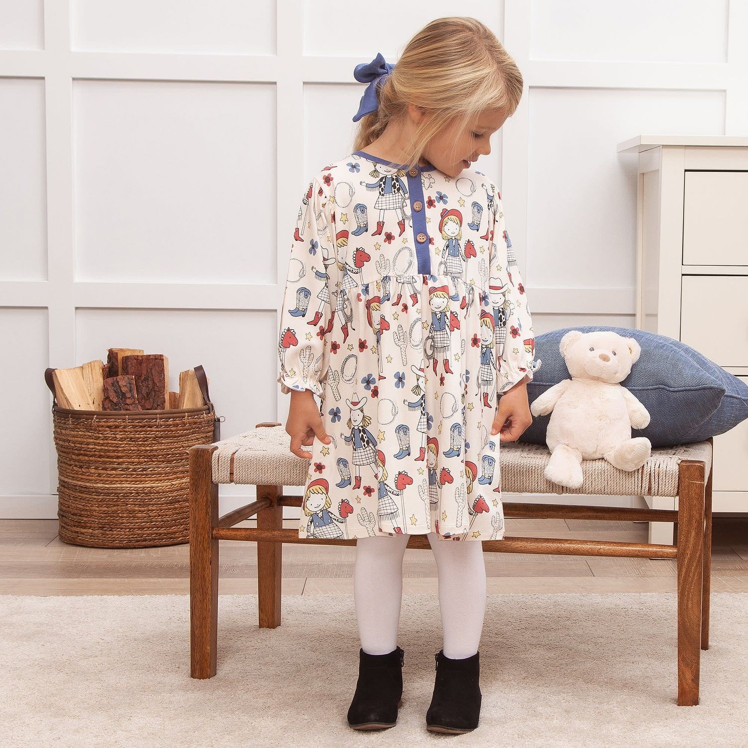 Annie Oakley  Elastic Ruffle LS  Henley Dress