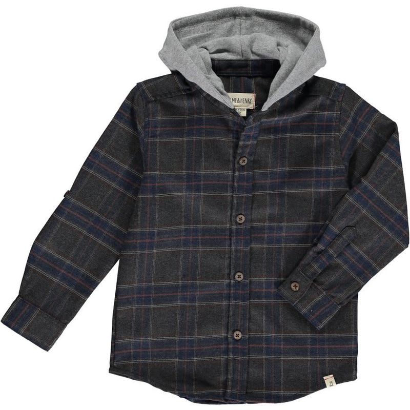 Erin Hooded Woven Shirt-Charcoal Blue Plaid