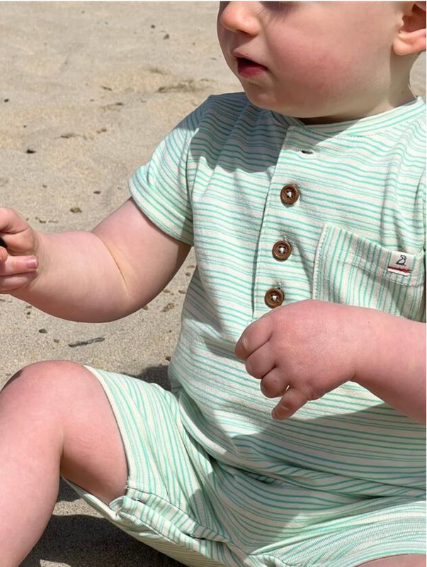 A95 Camborne Henley Romper~Cream/Mint Stripe