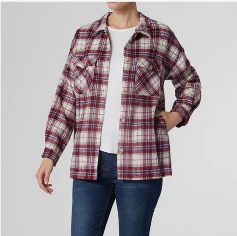 A95 Skylar Plaid Button Front Shacket-Burgandy/Cream