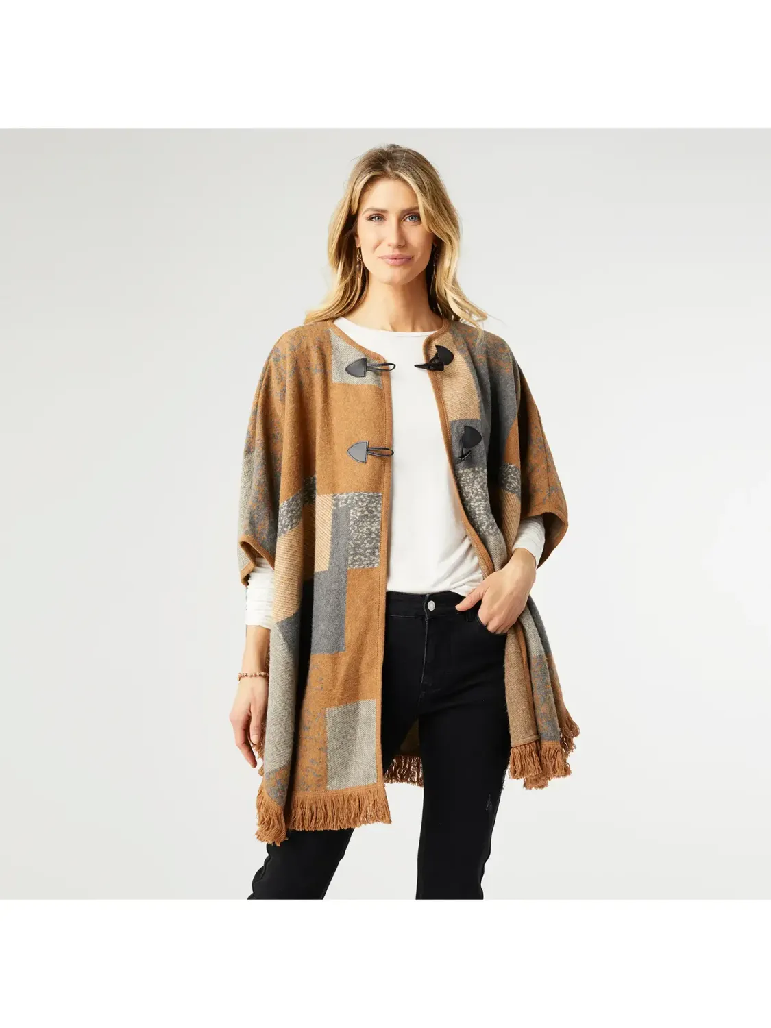 Fay Color Block Ruana Cardigan with Fringe - Fall Camel/Grey