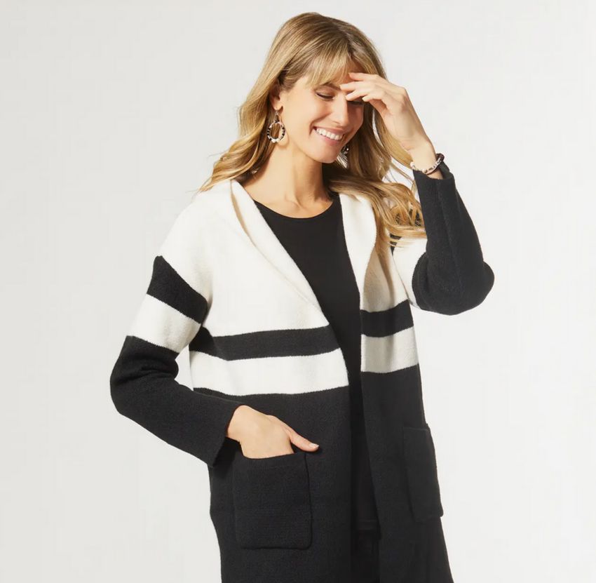 Vera Cruz Striped Hooded Cardigan-Black/Cream