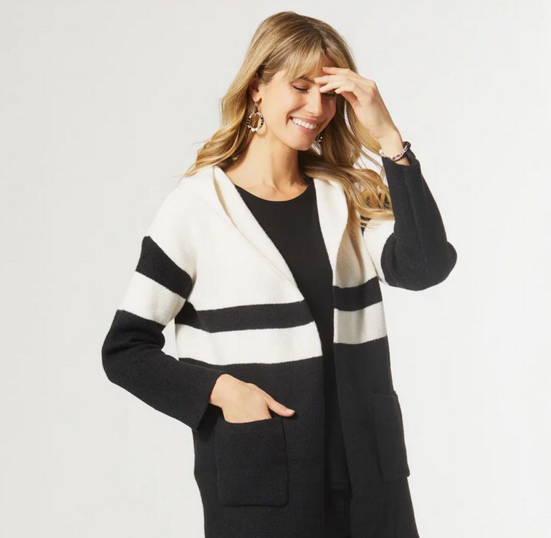 Vera Cruz Striped Hooded Cardigan-Black/Cream