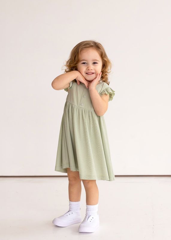Meadow Breeze Solid Ribbed  Dress-Green