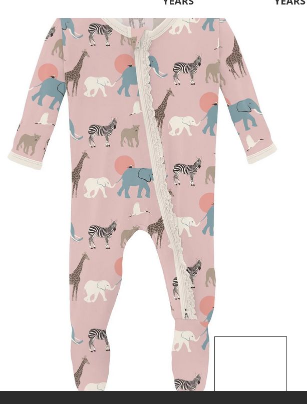 Ruffle Footie with 2 Way Zip in Baby Rose Just so Animals