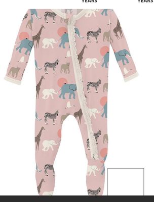 Ruffle Footie with 2 Way Zip in Baby Rose Just so Animals