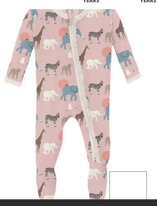 Ruffle Footie with 2 Way Zip in Baby Rose Just so Animals