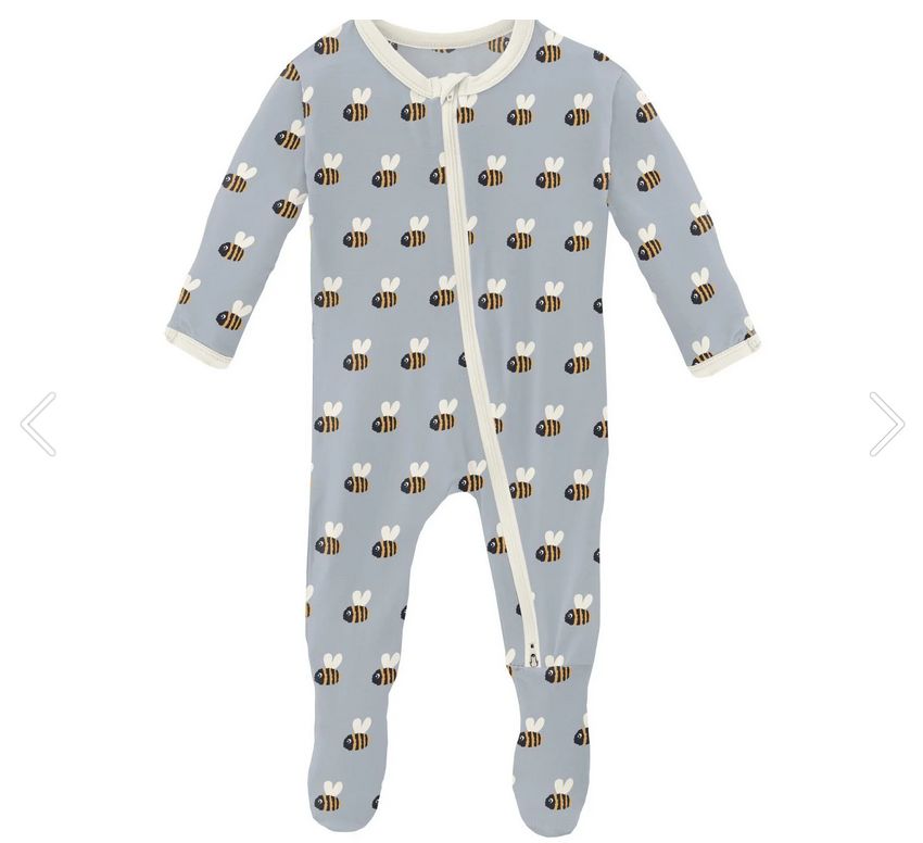 Print Footie w/ 2 Way Zipper-Pearl Blue Bumblebee