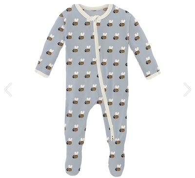 Print Footie w/ 2 Way Zipper-Pearl Blue Bumblebee