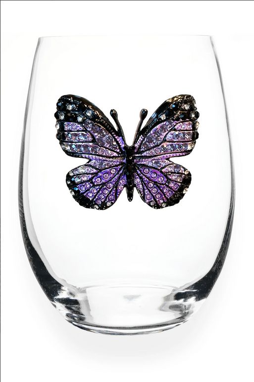 Purple Butterfly Jeweled Stemless Wine Glass