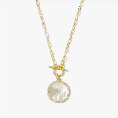 Mother of Pearl Pave Circle Toggle Necklace-Gold