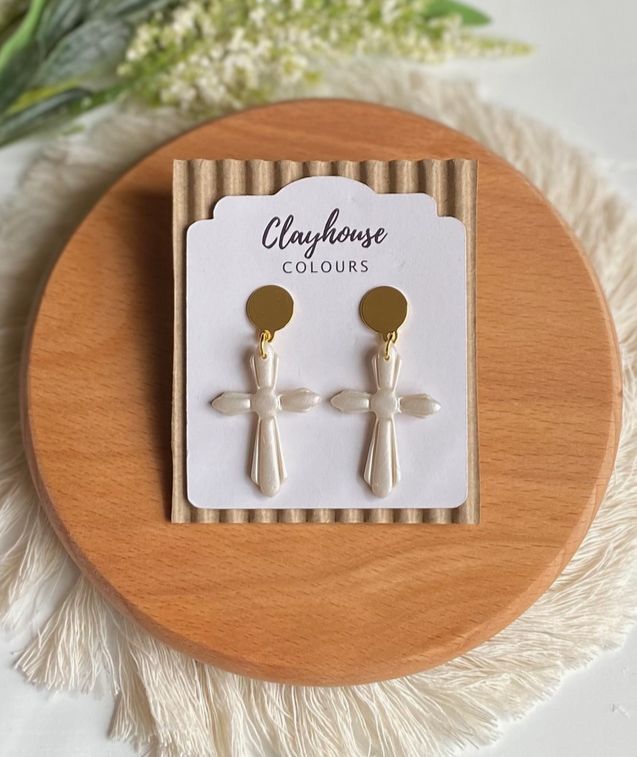 Cross Clay Pearl Earrings