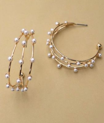 Triple Row Wire Pearl Hoop Earrings